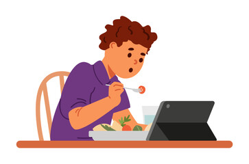 Boy eating lunch and using tablet flat vector illustration isolated on white. Gadget addiction problem.