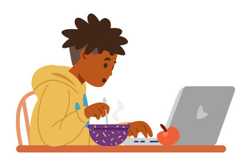 African American boy eating and using laptop flat vector illustration isolated on white. Gadget addiction problem.