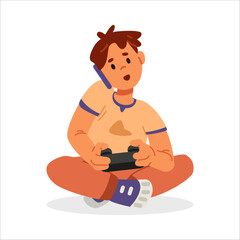 Boy sitting with legs crossed playing video game holding gamepad and talking on the phone flat vector illustration isolated on white.