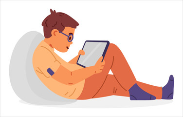 Boy in glasses laying watching to tablet flat vector illustration isolated on white. Gadget addiction.