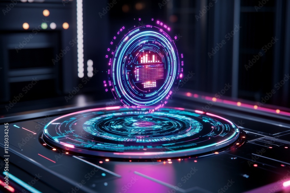 Poster a high-tech holographic document floating above a futuristic desk, with glowing data and touchable e