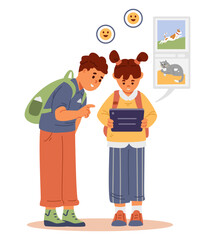School boy and girl watching viral content on tablet flat vector illustration isolated on white. Children social media addiction concept.