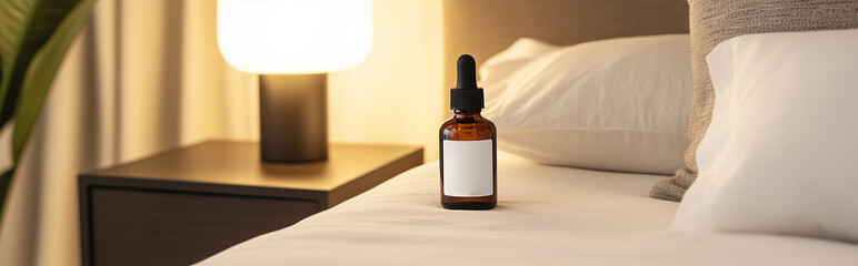 Fototapeta premium A minimalist bedside table displaying an array of sleep aid products, featuring a bottle of melatonin and a lavender-scented pillow mist. The room's dim lighting and soft focus on the products create 