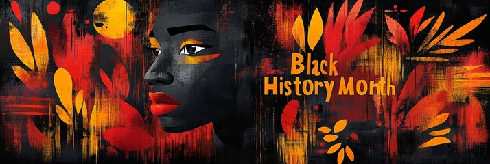A striking portrait of a Black woman paired with abstract art and warm tones celebrating Black History Month.