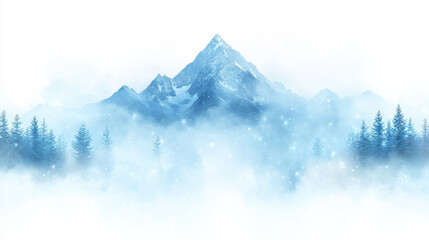 Majestic snow capped mountain surrounded by mist and evergreen trees, creating serene winter landscape. Perfect for nature themed projects or backgrounds