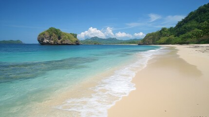 Fototapeta premium Tranquil Tropical Beach Scene With Lush Greenery and Clear Water