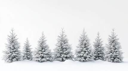 Obraz premium A beautiful collection of snow-topped Christmas trees on a white background, creating a classic and serene holiday aesthetic. Space for text.
