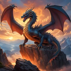 Obraz premium Majestic Dragon on Mountain Peak at Sunset: A Fantasy Realm