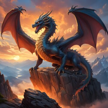 Majestic Dragon on Mountain Peak at Sunset: A Fantasy Realm