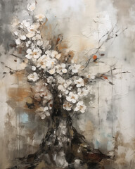 Beautiful abstract floral painting with white flowers and earthy tones on a textured background.