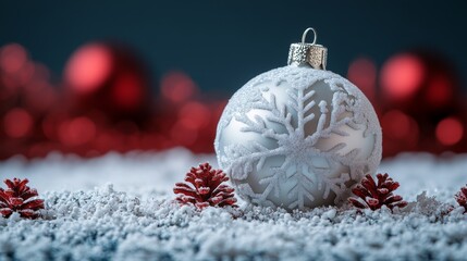 Festive decoration with snowflake ornament and pinecones on snowy surface