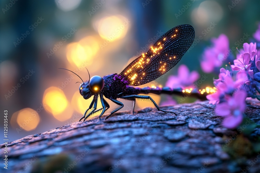 Poster a magical depiction of a glowing dragonfly in an enchanted forest, with sparkling trails of light an