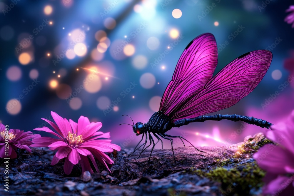 Poster a magical depiction of a glowing dragonfly in an enchanted forest, with sparkling trails of light an