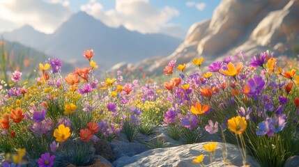 Obraz premium Vibrant Wildflowers Bloom Amongst Mountain Rocks
