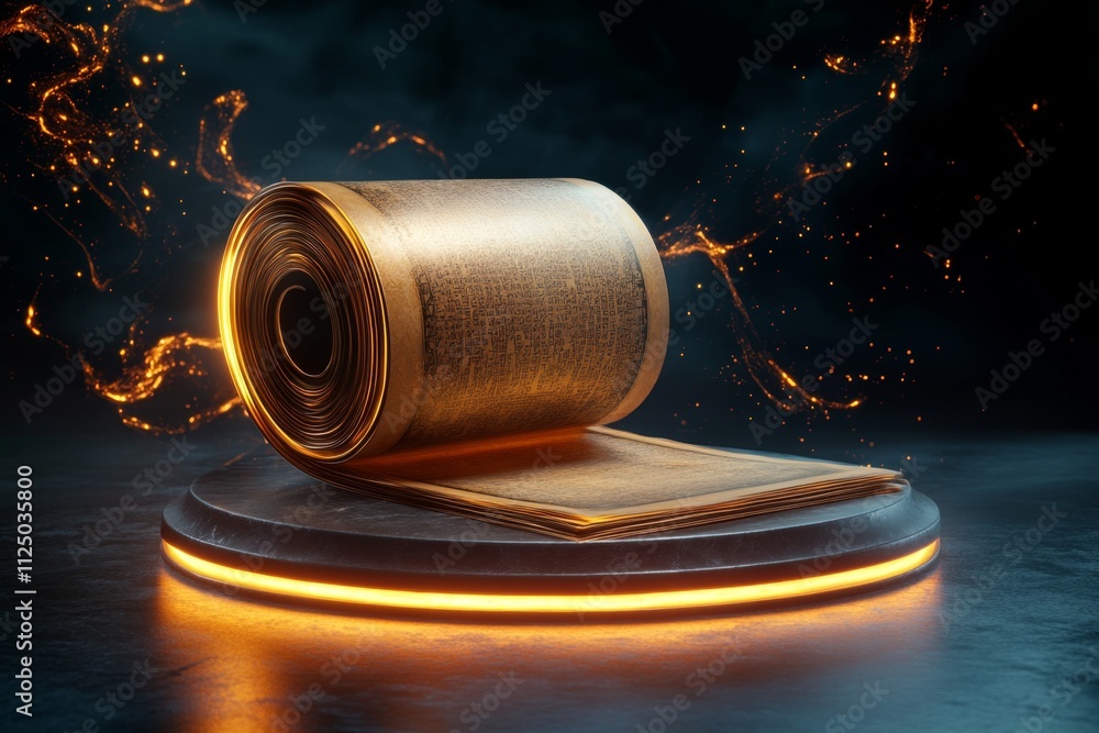 Poster a magical scroll-like document glowing with ancient runes and surrounded by swirling golden light, r