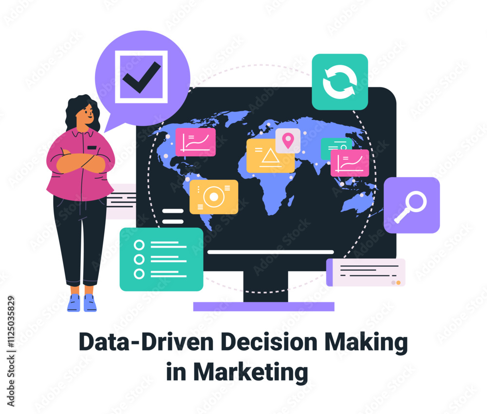 Aufkleber data-driven marketing concept woman analyzing global map with charts icons colorful design elements 