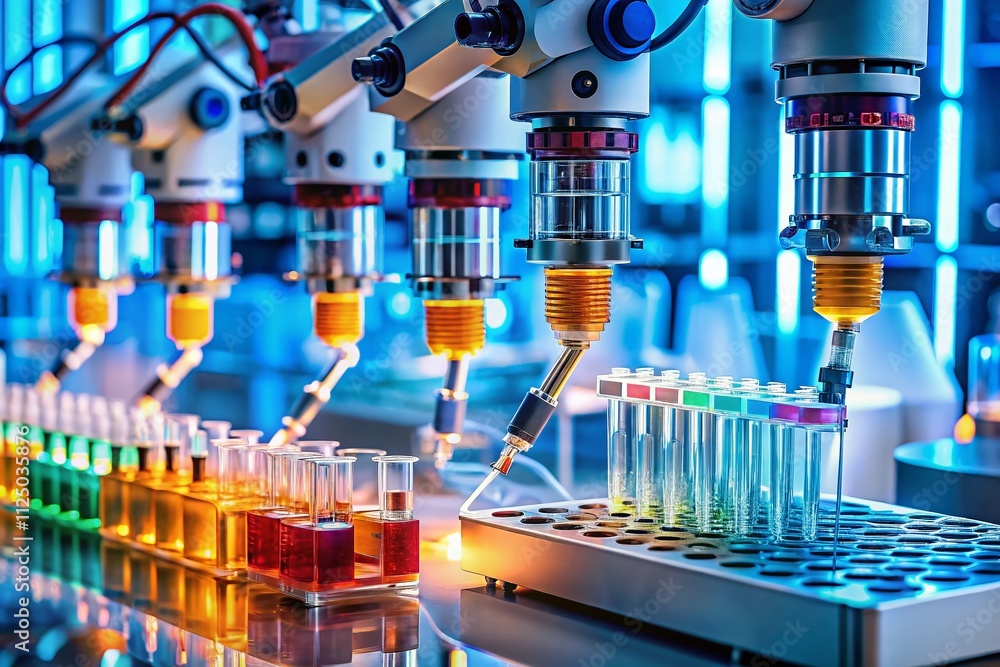 Poster close-up portrait of advanced pipetting robots in action handling genetic samples in a cutting-edge 
