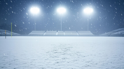 A vast stadium covered in thick snow, featuring empty bleachers and a fierce blizzard raging outside. The entire field is blanketed in pristine white, with only the goalposts standing tall 