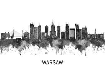 Warsaw Poland Skyline BW, cityscape landscape watercolor abstract painting splash travel art illustration graphic design urban art modern downtown