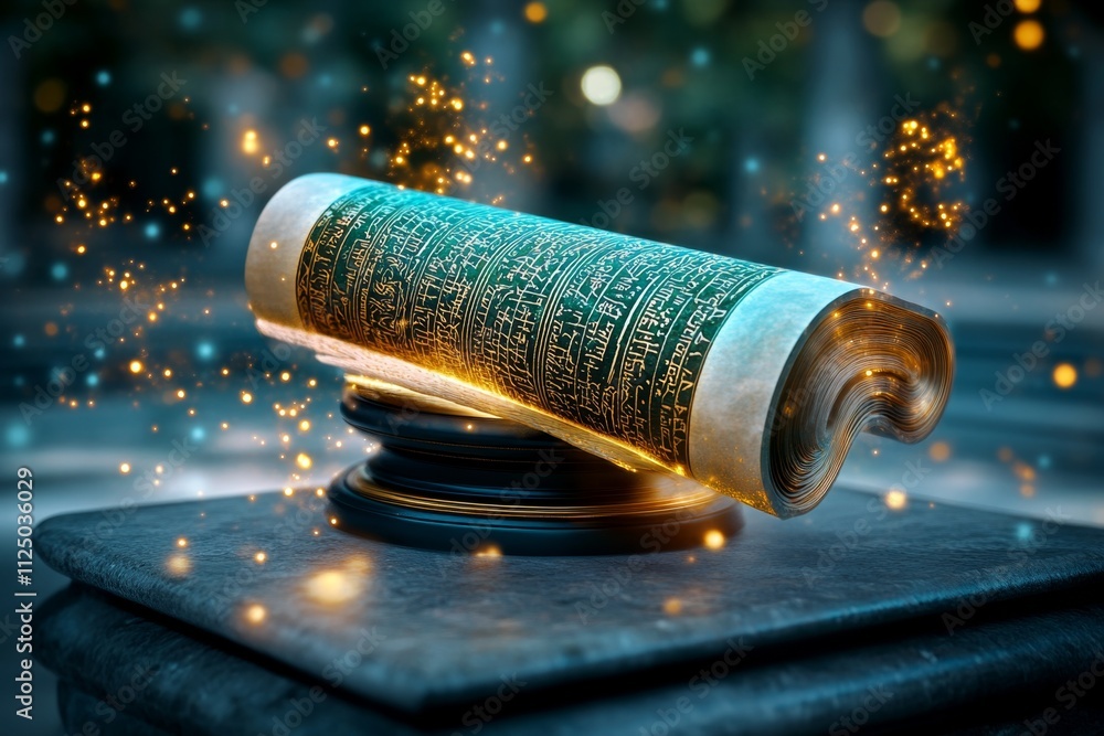 Poster a magical scroll-like document glowing with ancient runes and surrounded by swirling golden light, r