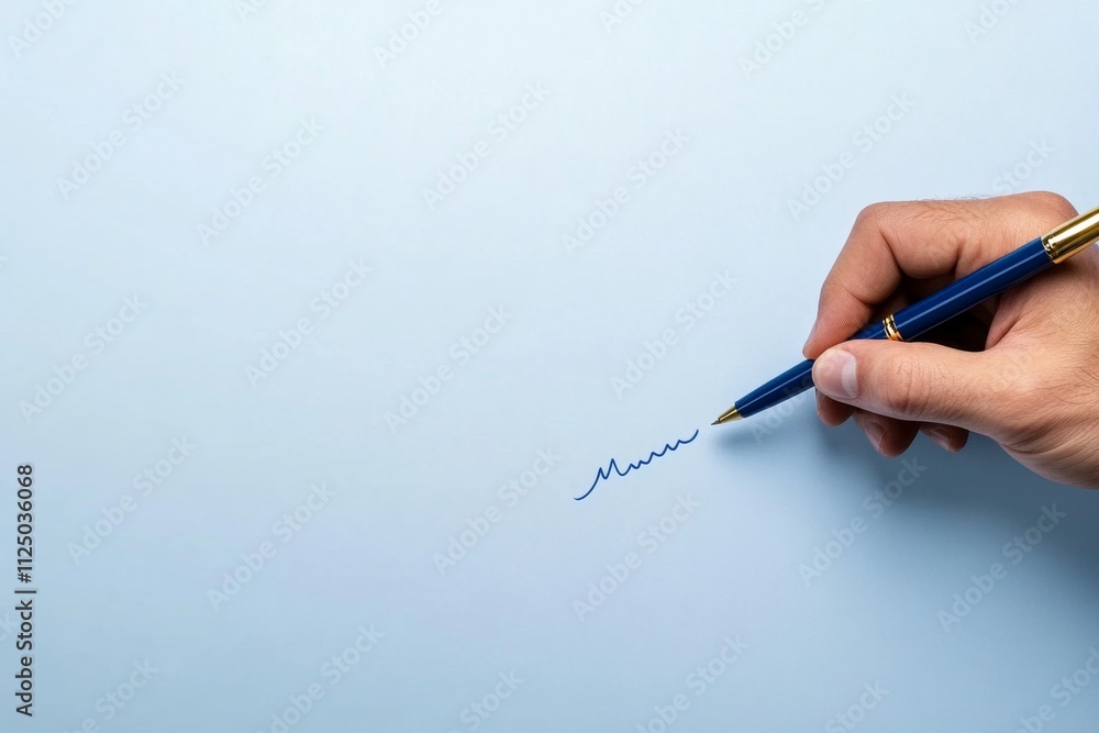 Poster a minimalist depiction of a signed document with a clean blue signature line, drawn against a white 