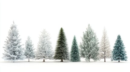 Naklejka premium A selection of frosted Christmas trees isolated on a white background, ideal for holiday-themed presentations and designs. Space for text.