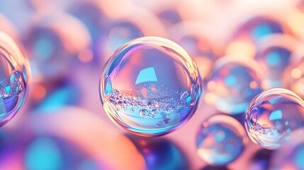Floating soap bubbles showing vibrant rainbow colors with small bubbles inside