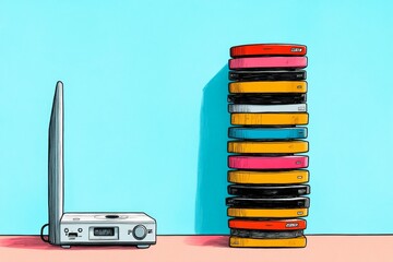 A minimalist depiction of a stack of DVDs beside a slim DVD player, drawn in flat pastel colors