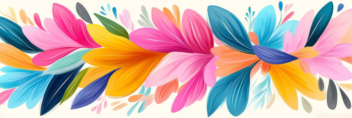 A dynamic abstract artwork featuring overlapping floral shapes in bright, multicolored tones on a light background. Perfect for creative design projects.