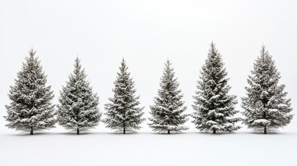 Obraz premium A variety of snowy Christmas trees standing in serene beauty on a white background, ready for holiday visuals and creative use. Space for text.