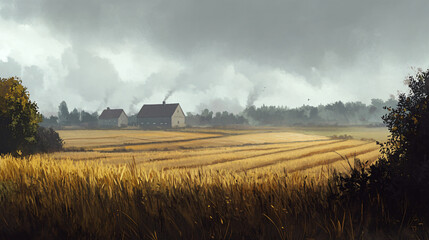 Fototapeta premium Fields under a heavy mist with faint outlines of distant farmhouses.