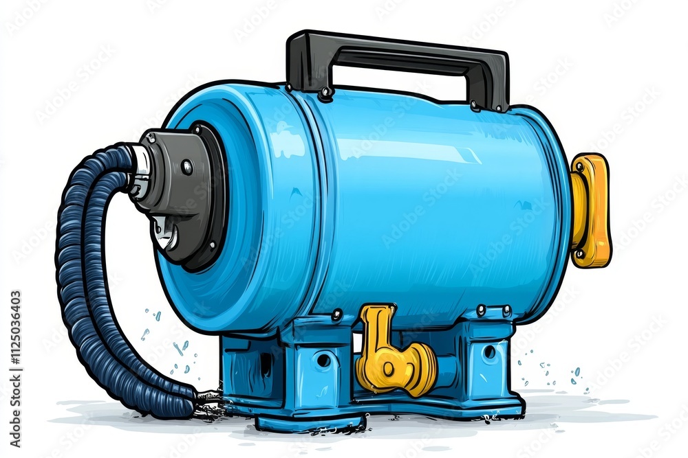 Poster a minimalist flat design of an air compressor with a coiled hose, illustrated in clean lines and sof