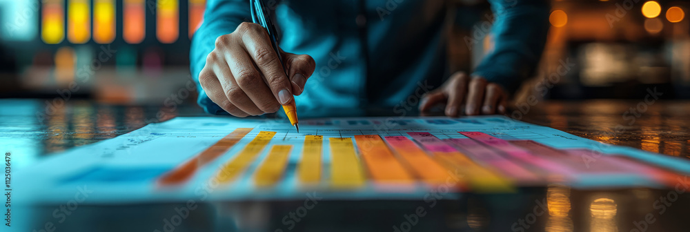 Poster a dynamic shot of a personâ€™s hand pointing at a graph on a large report, surrounded by neatly arra