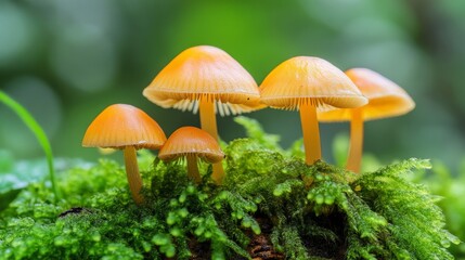 Fototapeta premium Orange Mushrooms Growing Among Lush Green Moss