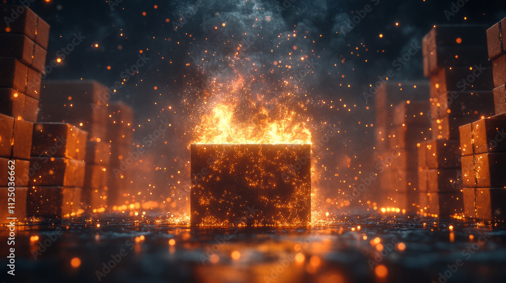 Poster a conceptual image of archive boxes stacked high, with one box ablaze, sending sparks into the air a