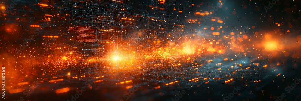 Poster a futuristic concept showing digital archive icons on a screen dissolving into fiery particles, with