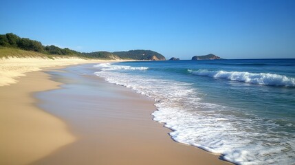 Serene Coastal Scene Sandy Beach Meets Ocean Waves