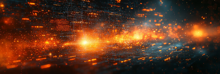 Obraz premium A futuristic concept showing digital archive icons on a screen dissolving into fiery particles, with a dark background highlighting the dramatic transformation,