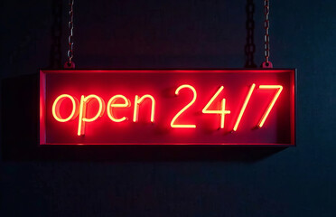 Bright sign with the inscription "open 24/7" on a dark minimalist background, graphic resource, use in design