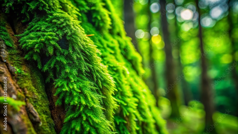 Poster close-up portrait of lush green moss on tree bark showcasing intricate textures and details with sha
