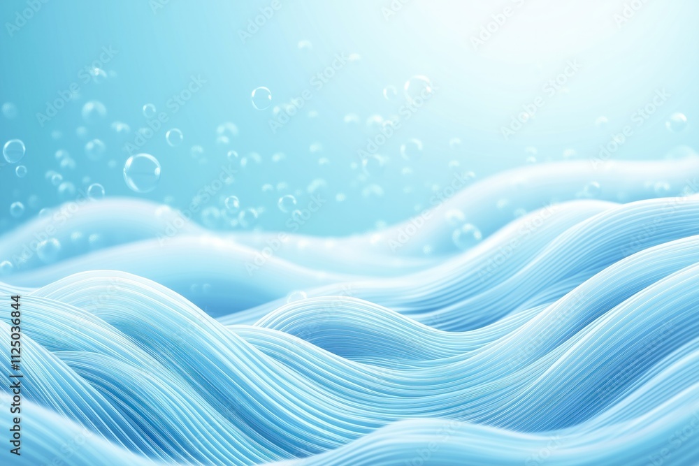 Poster abstract blue wavy lines with floating bubbles creating a serene background