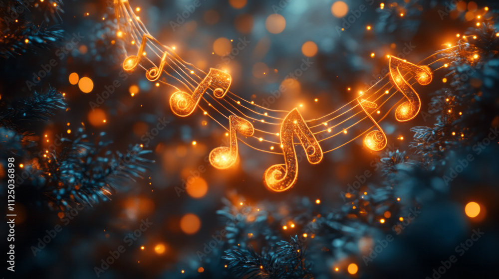 Poster a sleek tree design made from overlapping strings of glowing lights shaped like musical staffs, with