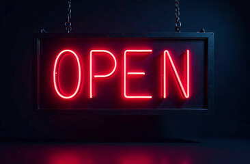 Bright sign with the inscription "open 24/7" on a dark minimalist background, graphic resource, use in design