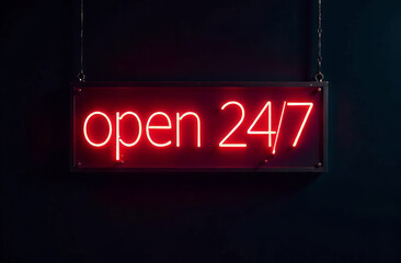 Bright sign with the inscription "open 24/7" on a dark minimalist background, graphic resource, use in design