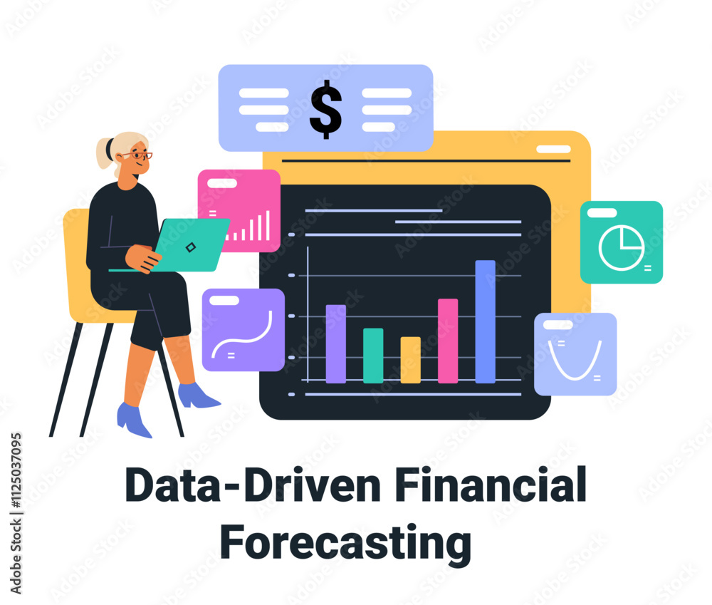 Poster financial analyst using laptop with data charts and graphs around colorful analytics interface moder
