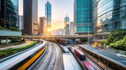 Urban Cityscape at Sunset with Modern Skyscrapers and Moving Trains Capturing the Dynamic Energy of a Vibrant Metropolis in a Beautiful Evening Glow