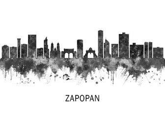Fototapeta premium Zapopan Mexico Skyline BW, cityscape landscape watercolor abstract painting splash travel art illustration graphic design urban art modern downtown