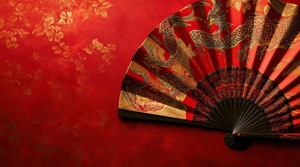 Elegant red chinese fan with golden dragon design on textured red background celebrating chinese new year