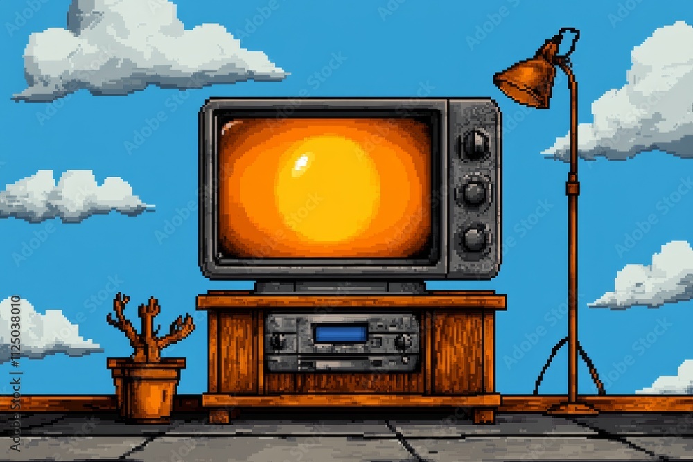Poster a pixel art depiction of a dvd player on a retro-style tv stand, with an animated disc spinning insi