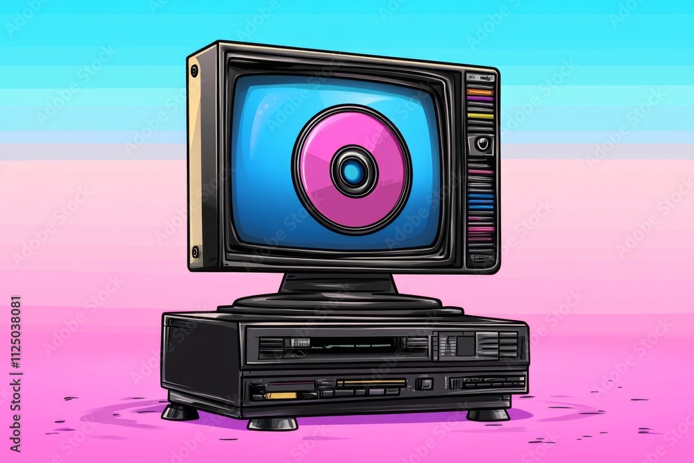 Poster a pixel art depiction of a dvd player on a retro-style tv stand, with an animated disc spinning insi